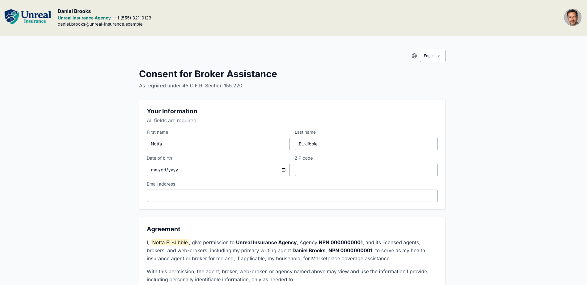 Agent-branded ACA consent for broker assistance workflow with consumer information and consent agreement
