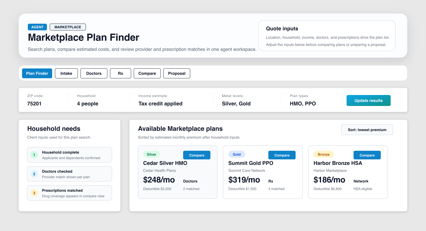 ACA Marketplace plan finder showing plan search and comparison inside the ACA Compliance Vault account