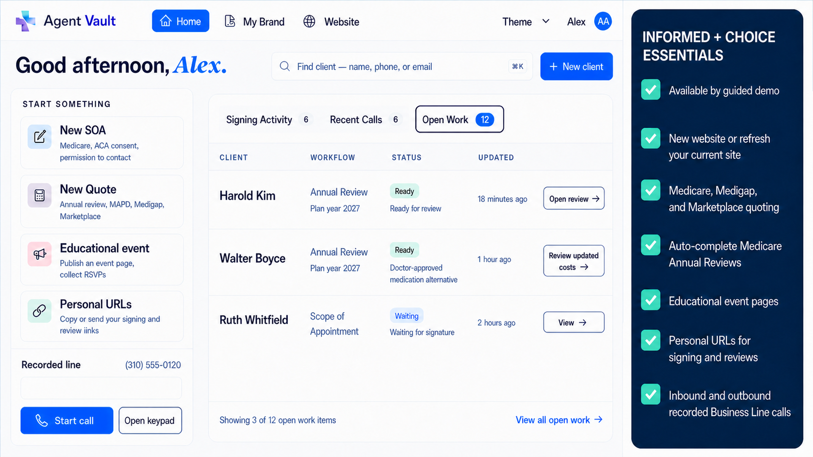 Agent Workspace dashboard connecting agent website, educational events, CRM, Medicare and ACA workflows, recorded calling, Annual Review, and client records