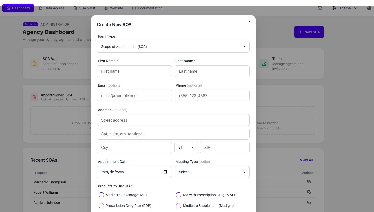 SOA Vault create-new-SOA screen with appointment details and Medicare product scope fields