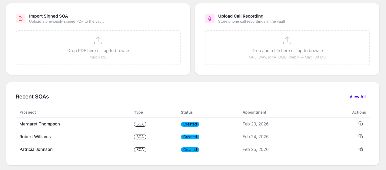 SOA Vault screen showing import options and a recent SOA status list